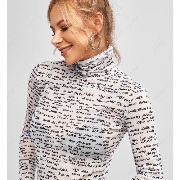 Women’s L Mesh See Thru High Neck Bodysuit With Pants Outfit Set Letter Graphic - Picture 1 of 15